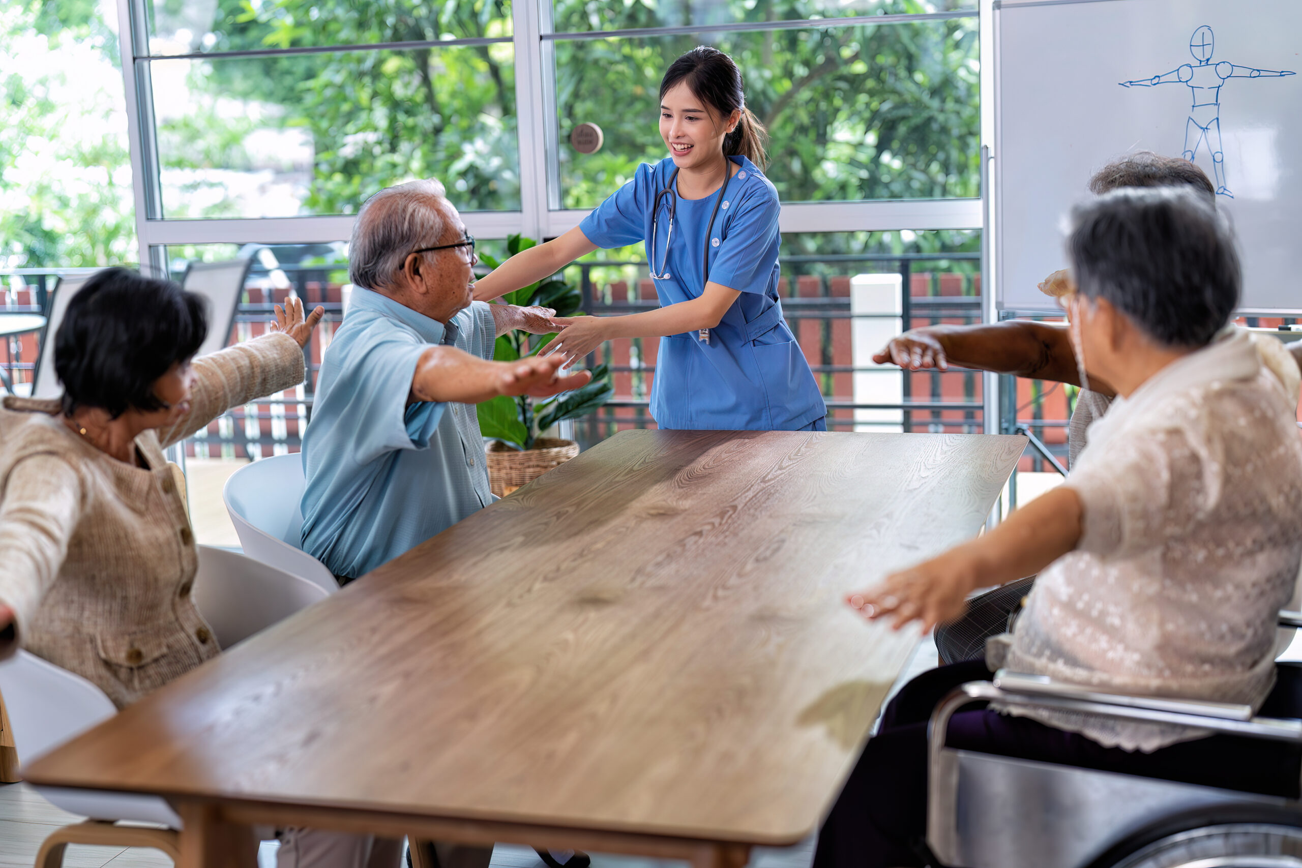 at home care service nurse caregiver take the lead to elderly person exercise in every morning